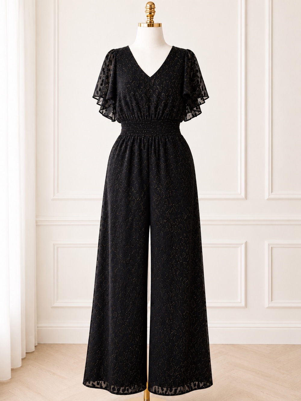 NWT Vince Camuto Sleigh All Day Black Gold Shimmer Wide Leg Jumpsuit Size M